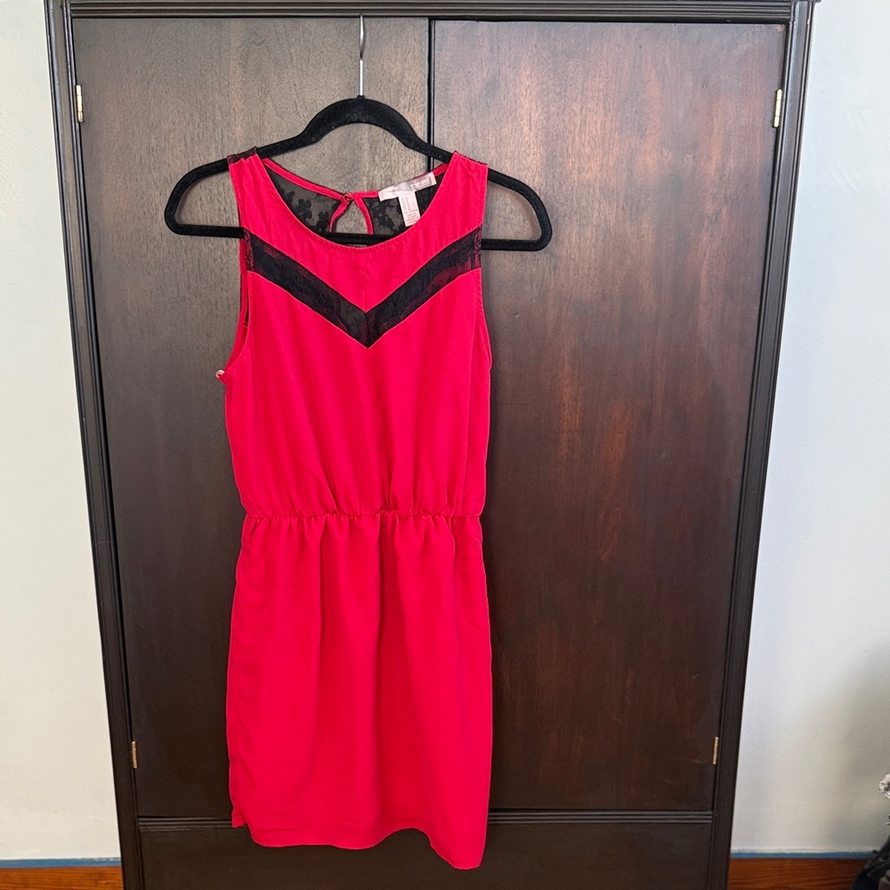 Red Sleeveless Dress with Black Lace Accents